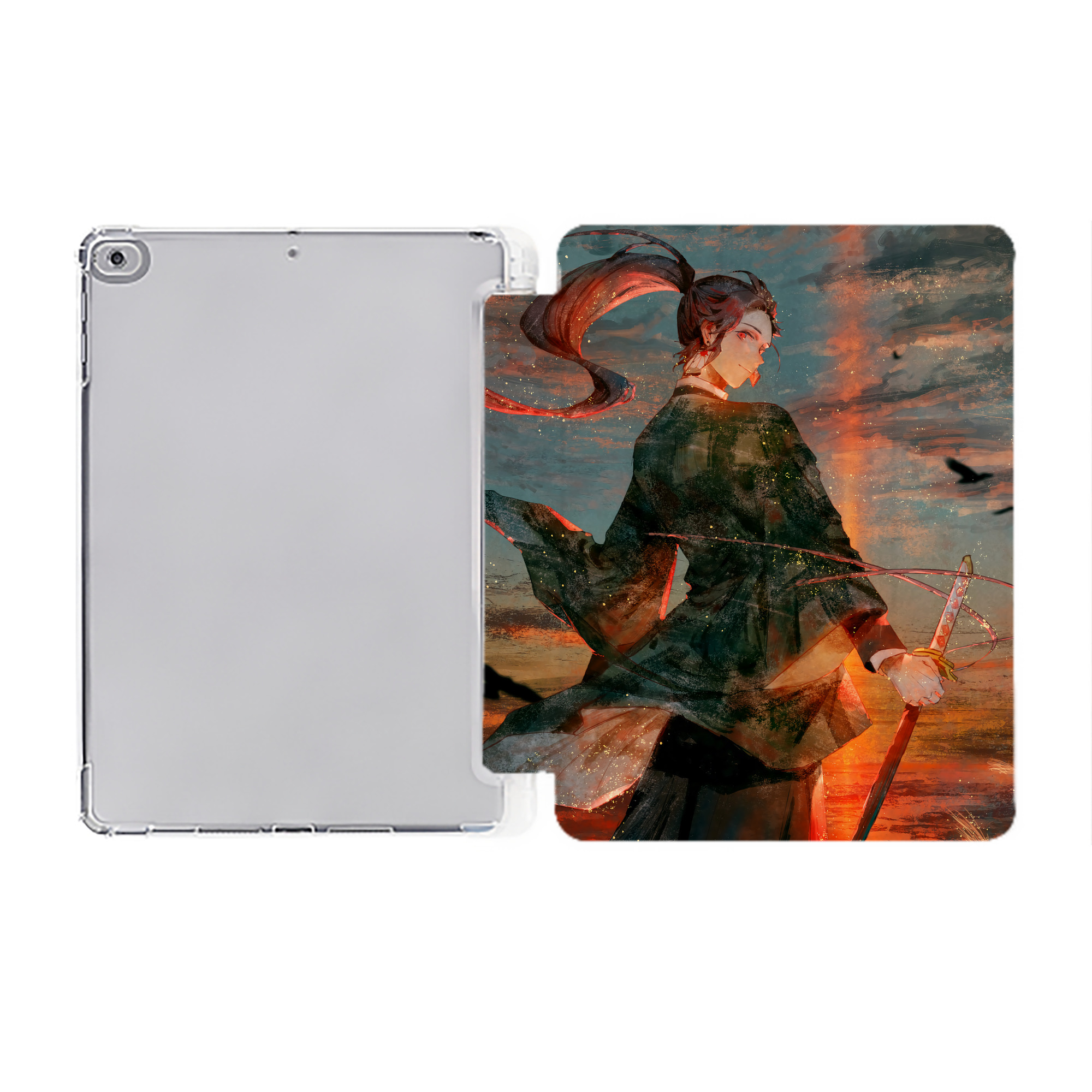 （画像用） 鬼滅の刃（きめつのやいば）竈門 炭治郎／かまど たんじろう Kamado Tanjirou IPad ケース ペン収納付き 三つ折りスタンド PUレザー×シリコン 対応機種9.5/10.5/10.9インチ